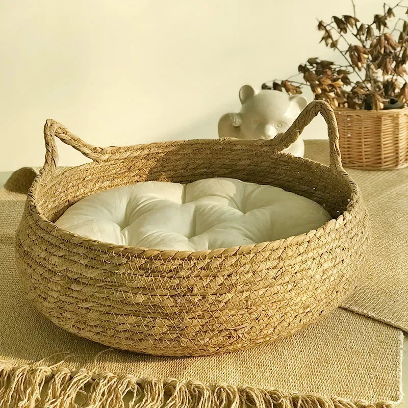 Handmade Woven Cat Bed with Seasonal Pad